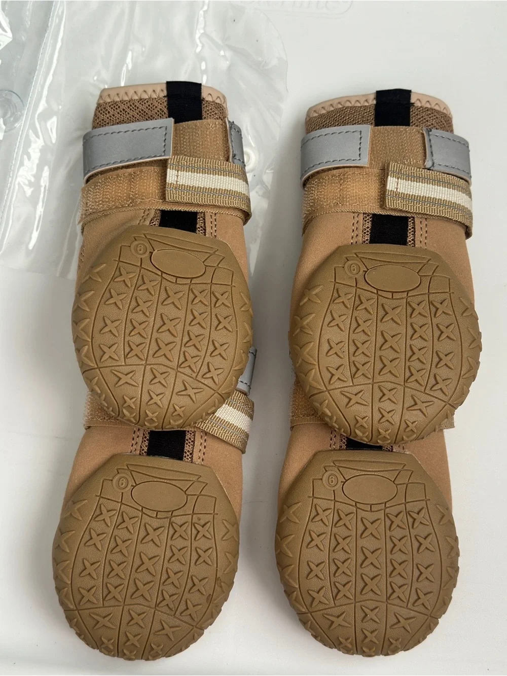 Tan Reflective Strap Dog Boots - Paw Print Detail